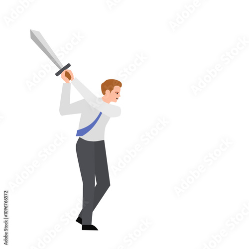 Man with a sword swings. Vector simple color flat illustration.