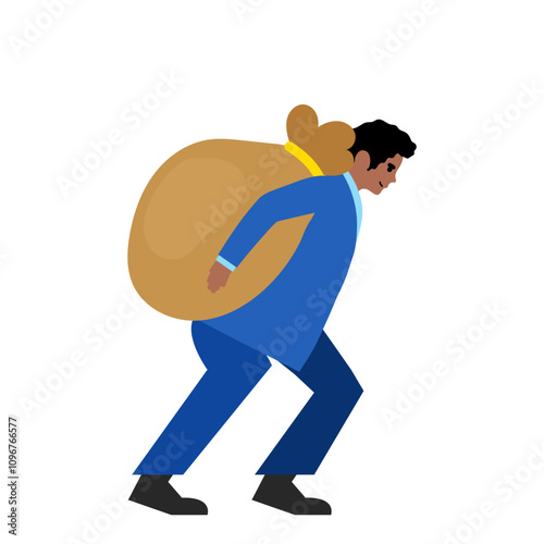 Dark-skinned man carries a heavy bag on his back. Vector simple color flat illustration.