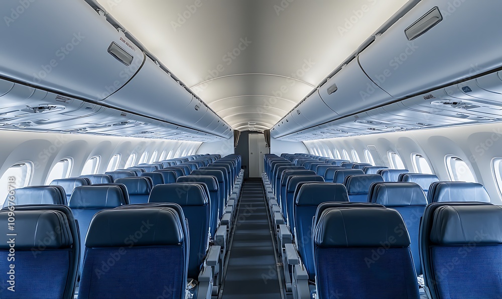 Fototapeta premium Interior view of an empty airplane cabin showcasing seating arrangement and overhead compartments.