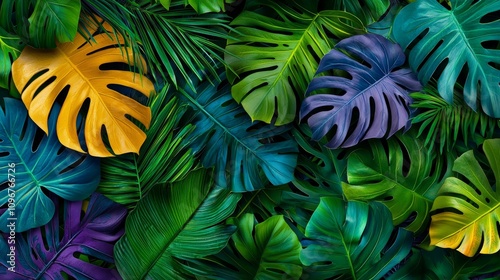 a bunch of colorful tropical leaves on a black background