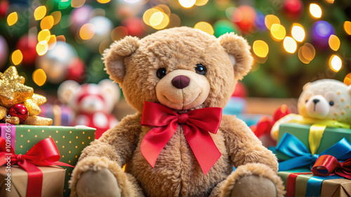 Teddy bear with Christmas gifts under tree