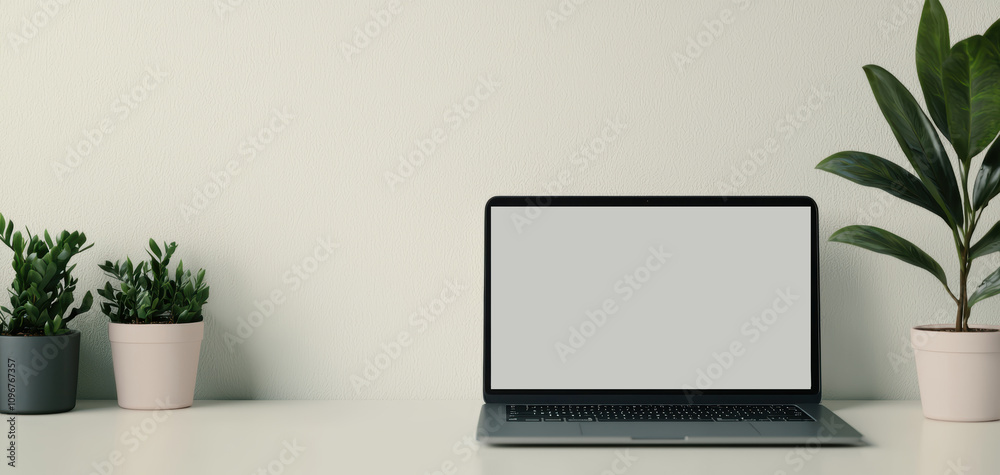 Travel restrictions remote work concept. A minimalist workspace featuring a laptop with a blank screen, surrounded by potted plants, creating a calming and organized environment. Travel restrictions remote work concept. A minimalist workspace featuring a laptop with a blank screen, surrounded by potted plants, creating a calming and organized environment.