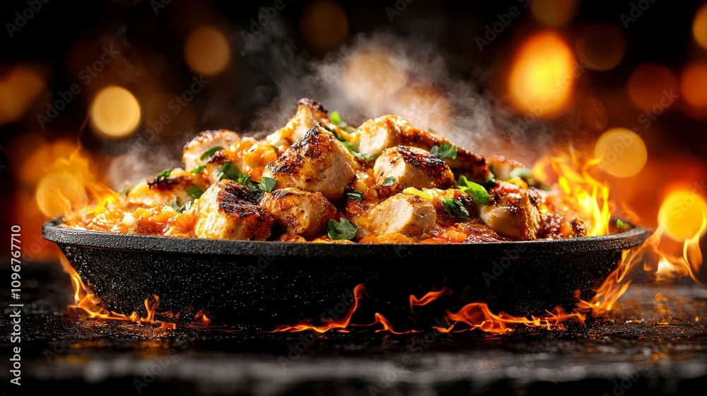 A pan filled with chicken on top of a fire A pan filled with chicken on top of a fire