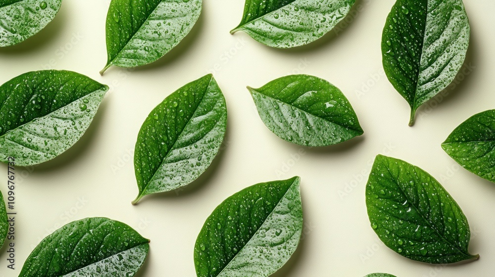 Fresh Green Leaves Pattern: Dewdrops on Lush Foliage