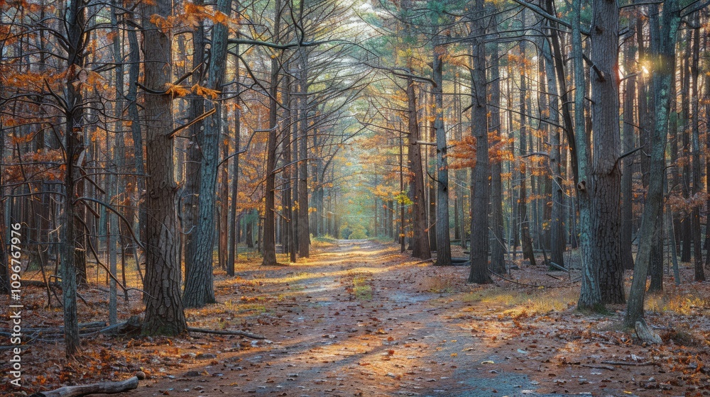 Obraz premium Exploring autumn trails scenic woodland pathway national park nature photography serene environment natural light tranquil escape