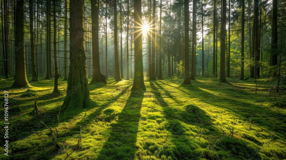 Fototapeta premium Sunlight filtering through trees enchanted forest nature photography serene environment wide angle view tranquility concept