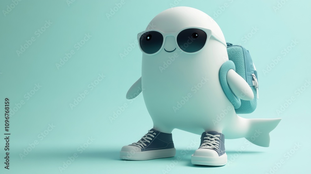 A cheerful cartoonish whale wearing sunglasses and sneakers, carrying a backpack. A cheerful cartoonish whale wearing sunglasses and sneakers, carrying a backpack.