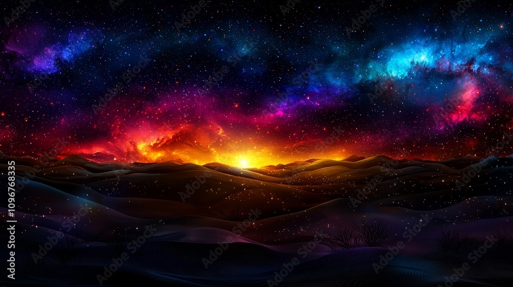 A colorful nebula in the middle of a desert landscape A colorful nebula in the middle of a desert landscape