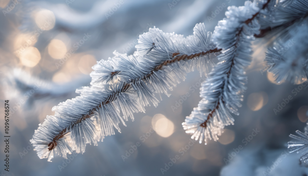 Obraz premium Crystal-Covered Pine Branches in Winter Glow