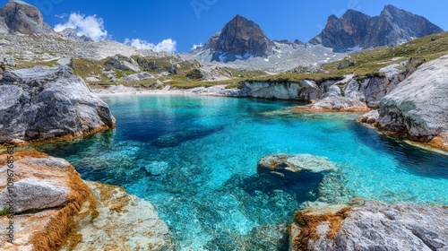 A small lake in the middle of a mountain range