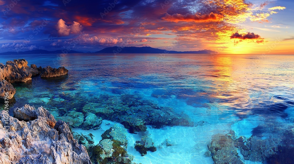 Fototapeta premium A beautiful sunset over the ocean with rocks in the foreground