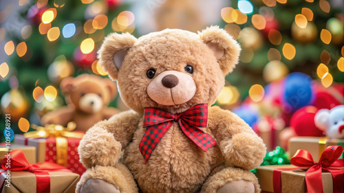 Teddy bear with red bow surrounded by Christmas gifts