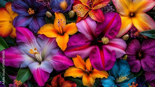 A bunch of brightly colored flowers with green leaves