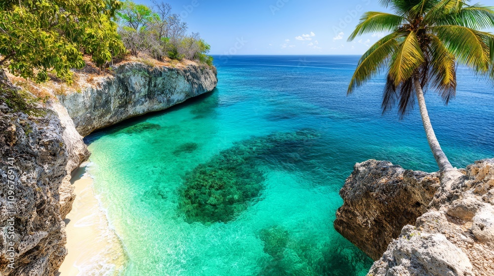Fototapeta premium A view of a beach with a palm tree in the foreground