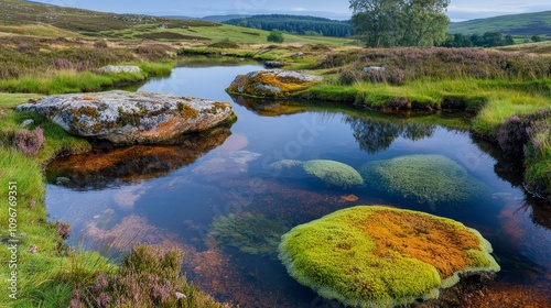 A small pond in the middle of a grassy field