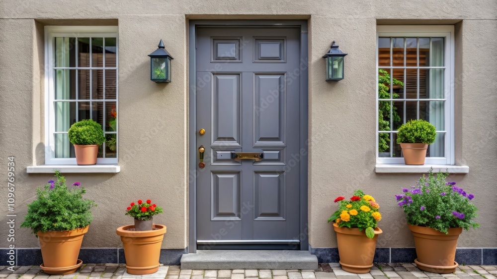A charming townhouse with a classic gray front door, framed by two windows with white frames, and adorned with potted plants in terracotta pots. A charming townhouse with a classic gray front door, framed by two windows with white frames, and adorned with potted plants in terracotta pots.