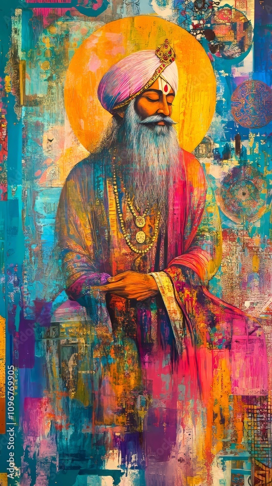 Fototapeta premium Vibrant Portrait of a Serene Sikh Man in Traditional Attire Surrounded by Colorful Patterns and Textures