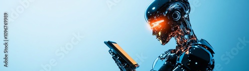 Futuristic robot interacting with a smartphone against a blue background.