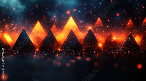 Fiery Abstract Triangular Landscape: Glowing Pyrmids in a Dark, Mystical Setting photo