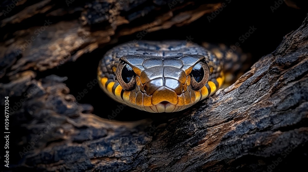 A close up of a snake peeking out of a hole in a tree A close up of a snake peeking out of a hole in a tree