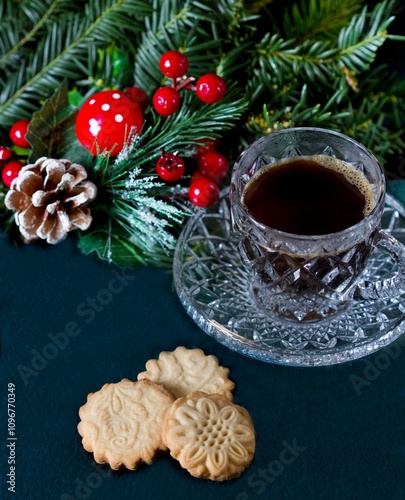 Christmas butter cookies and fresh coffee on the holiday table