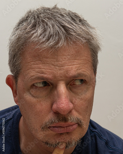 Close-up portrait of a serious middle-aged man with gray hair, showing a thoughtful, questioning expression, with his eyes intently focused