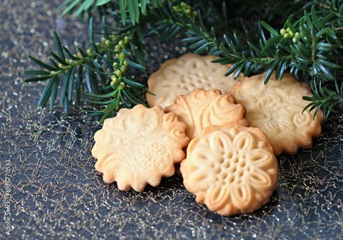 Tasty sweet Christmas butter cookies on the holiday table