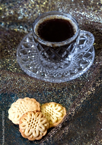 Christmas butter cookies and fresh coffee on the holiday table