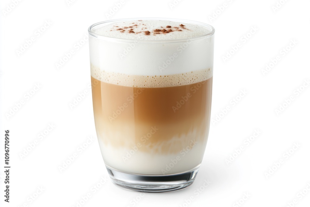 A layered coffee drink with frothy milk and a sprinkle of cocoa on top. A layered coffee drink with frothy milk and a sprinkle of cocoa on top.