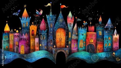 A painting of a colorful castle with a bird flying over it