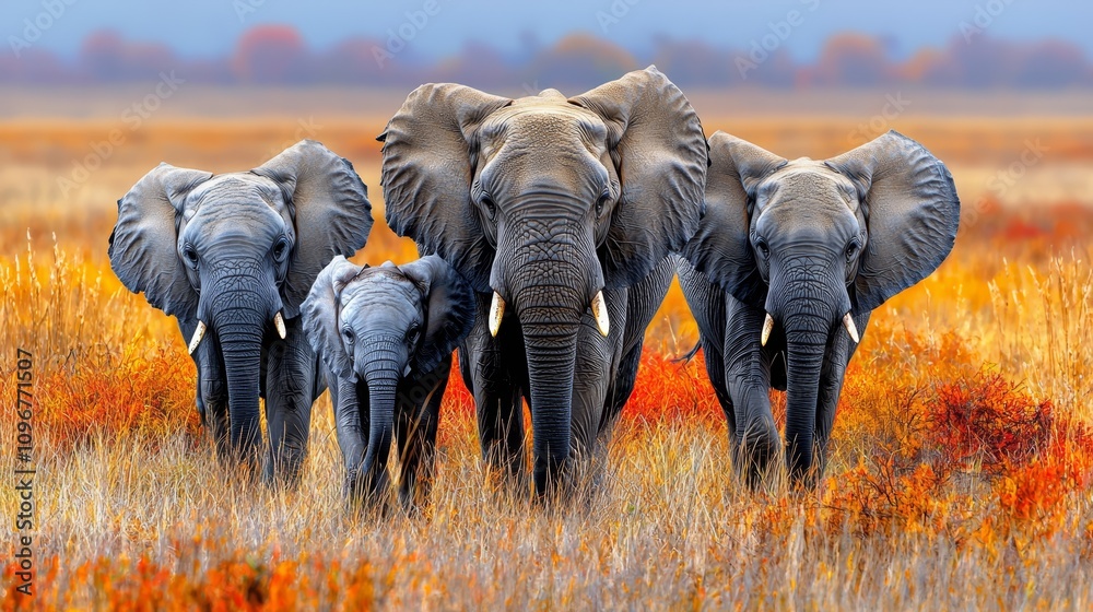 Naklejka premium A herd of elephants walking through a field of tall grass