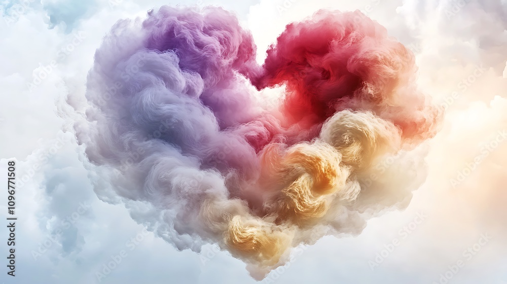 Fototapeta premium A stunning image of a vibrant and intricate valentine day heart shape formed by swirling clouds in shades of pink, red, purple, and gold