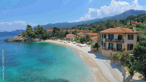 Tranquil beach with clear blue waters, golden sand, and charming villas along the coast during a sunny day