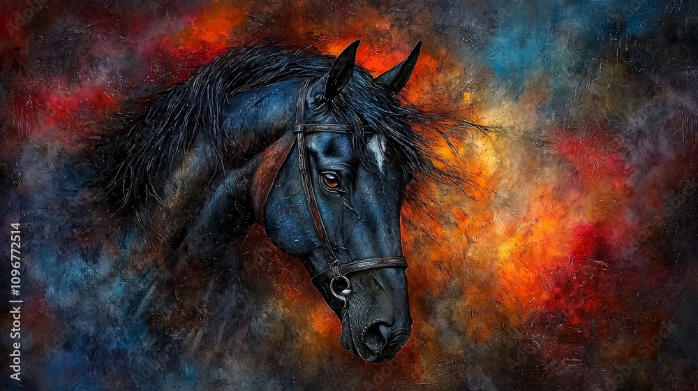 A painting of a black horse with a long mane A painting of a black horse with a long mane
