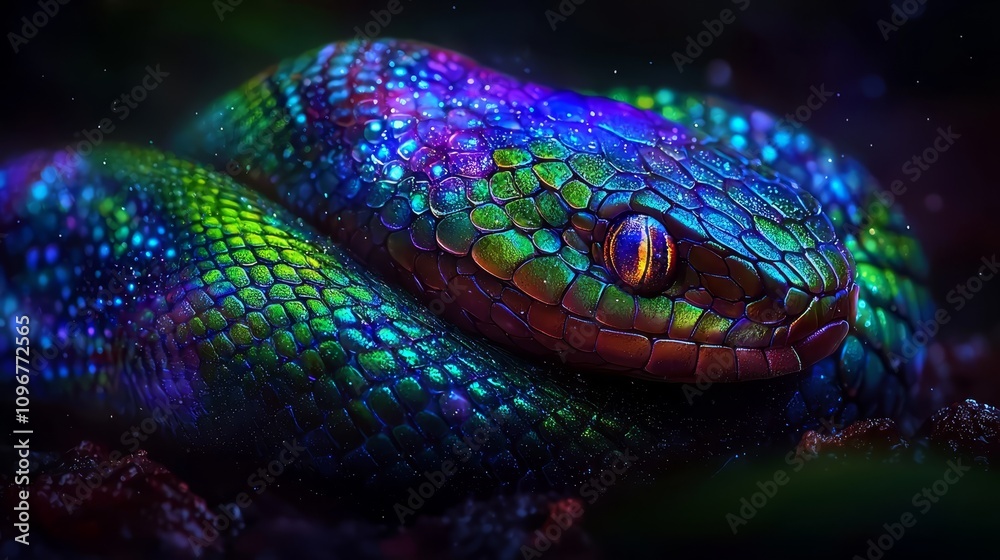A close up of a colorful snake on a black background