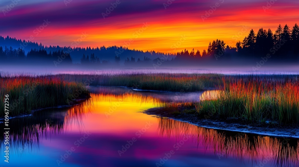 Obraz premium A colorful sunset over a lake with reeds in the foreground