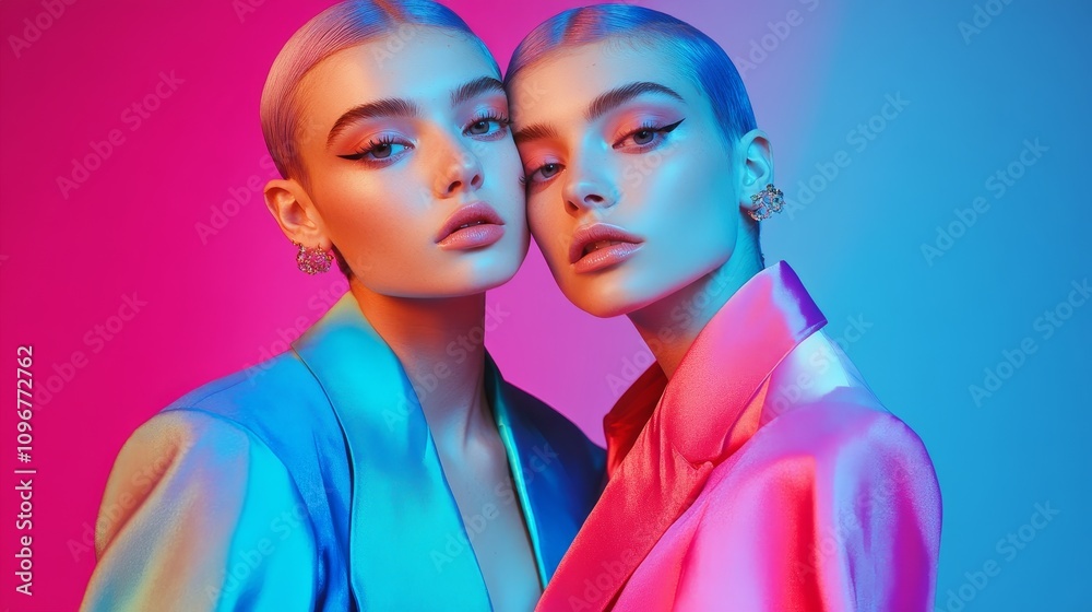 Dynamic Duo: Twin Senior Models in Symmetrical Fashion Poses with Vibrant Colors and Editorial Lighting Dynamic Duo: Twin Senior Models in Symmetrical Fashion Poses with Vibrant Colors and Editorial Lighting