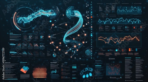 DNA medical screen hologram science hud data analysis body research background futuristic. Screen DNA infographic medical scan health digital 3d technology medicine human tech ui graph interface