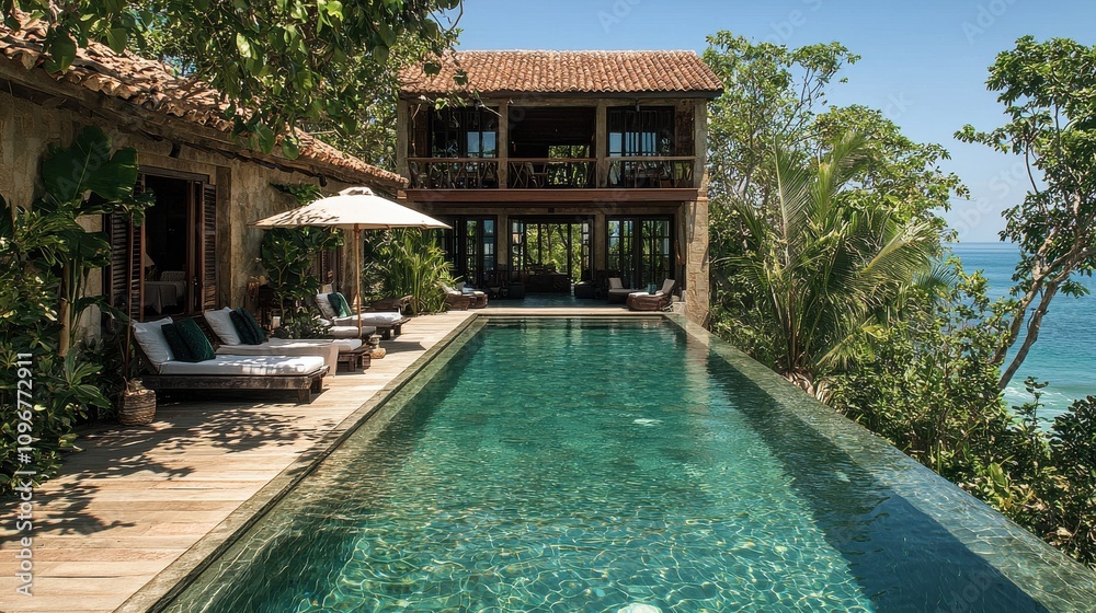 Luxurious beachfront villa with an infinity pool surrounded by lush greenery on a sunny day Luxurious beachfront villa with an infinity pool surrounded by lush greenery on a sunny day
