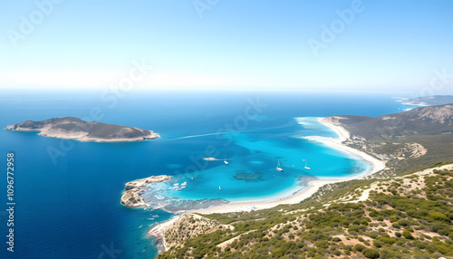 Aerial reveal of Baunei coastline landscape with turquoise water, Sardinia isolated highlighted by white, png