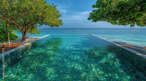 Tranquil infinity pool overlooking clear blue ocean under sunny sky in a tropical paradise