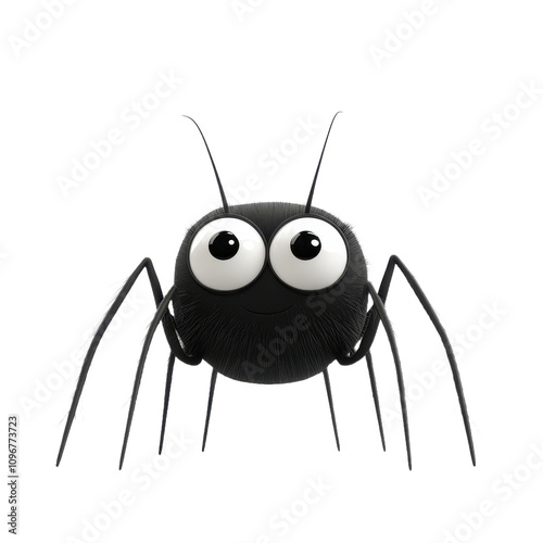 A 3D rendered image of a cute, fluffy black spider with large eyes, exhibiting a friendly expression. photo