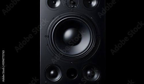 Black speaker with a large circular hole in the center, close-up view of black speakers with a large sound surface, close-up view of black subwoofers 