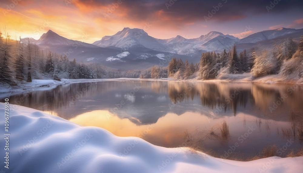 Fototapeta premium Winter Sunset Behind Snowy Mountain Peaks