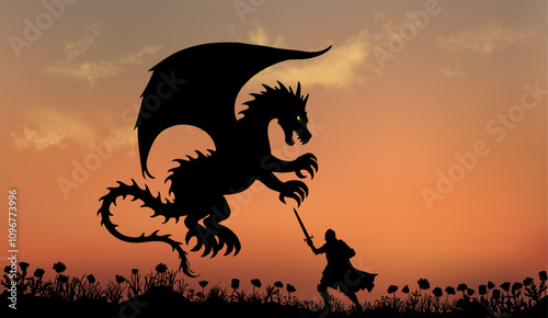 Flying dragon attacks swordsman on the field. Slhouette vector fantazy knight battle with realistic sunset sky background. Backdrop is seamless