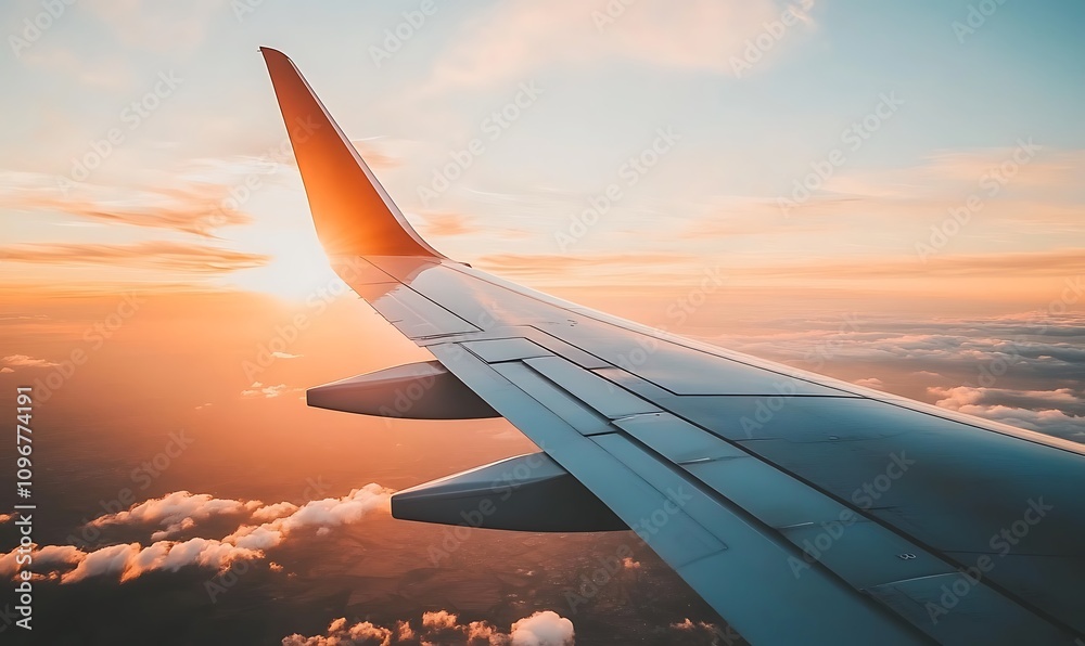 Obraz premium Aerial view from an airplane wing during sunset, showcasing clouds and vibrant sky colors.