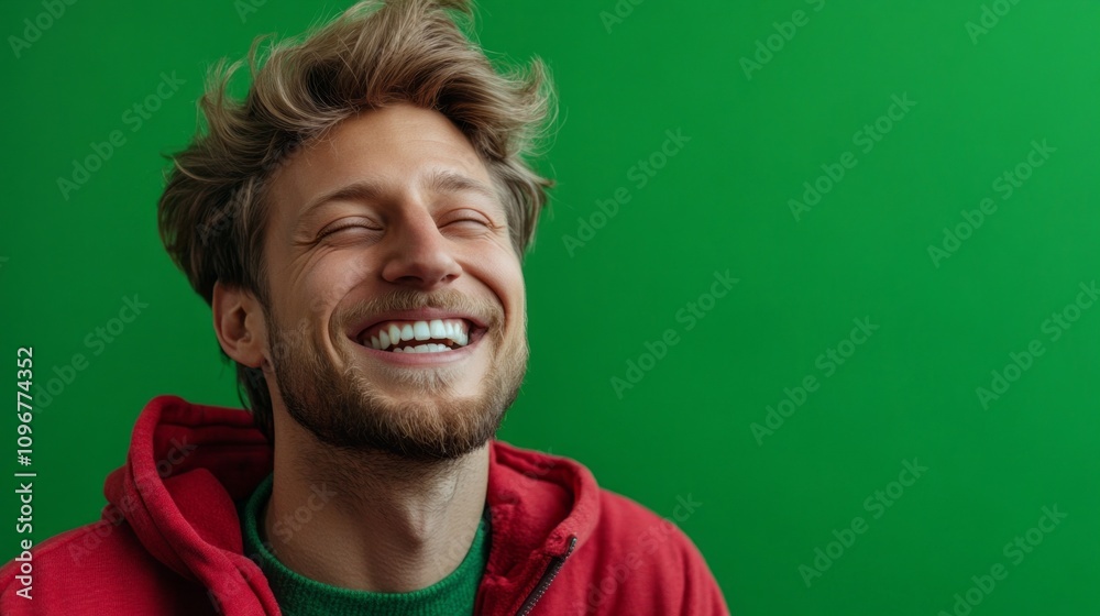A man with a beard and a red hoodie is smiling A man with a beard and a red hoodie is smiling