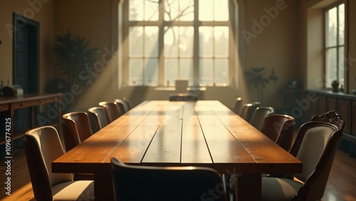 A table surrounded by chairs of various designs and sizes, equally positioned, symbolizing inclusivity, diversity, and unity in gathering spaces. photo