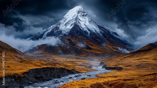 A mountain with a river running through it under a cloudy sky