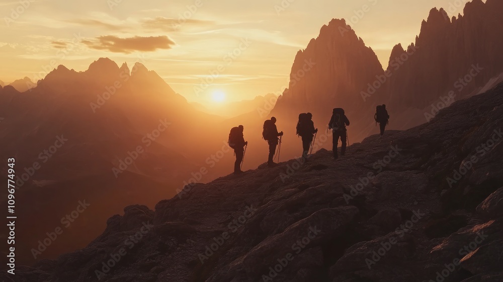 Fototapeta premium Hikers silhouetted against a vibrant sunset in a mountainous landscape.